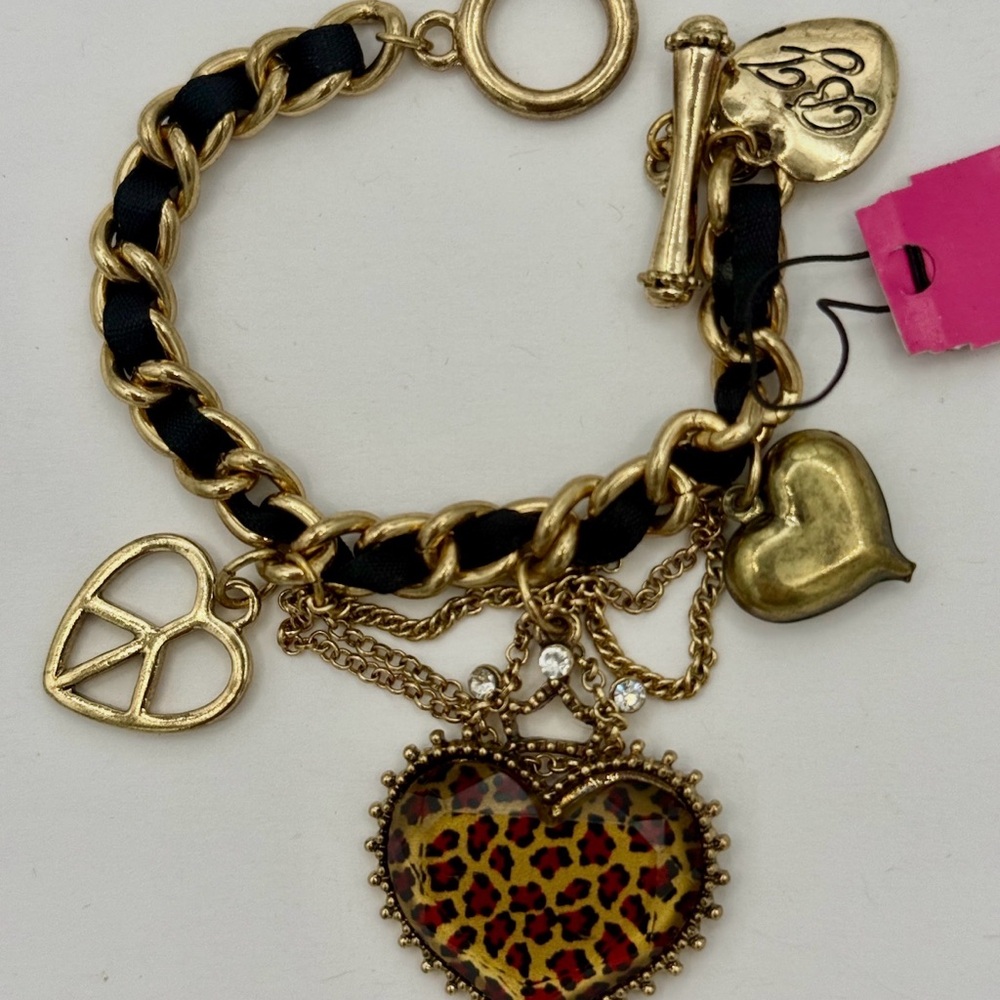 Betsey Johnson Peace Crown Leopard Heart Charm Bracelet !